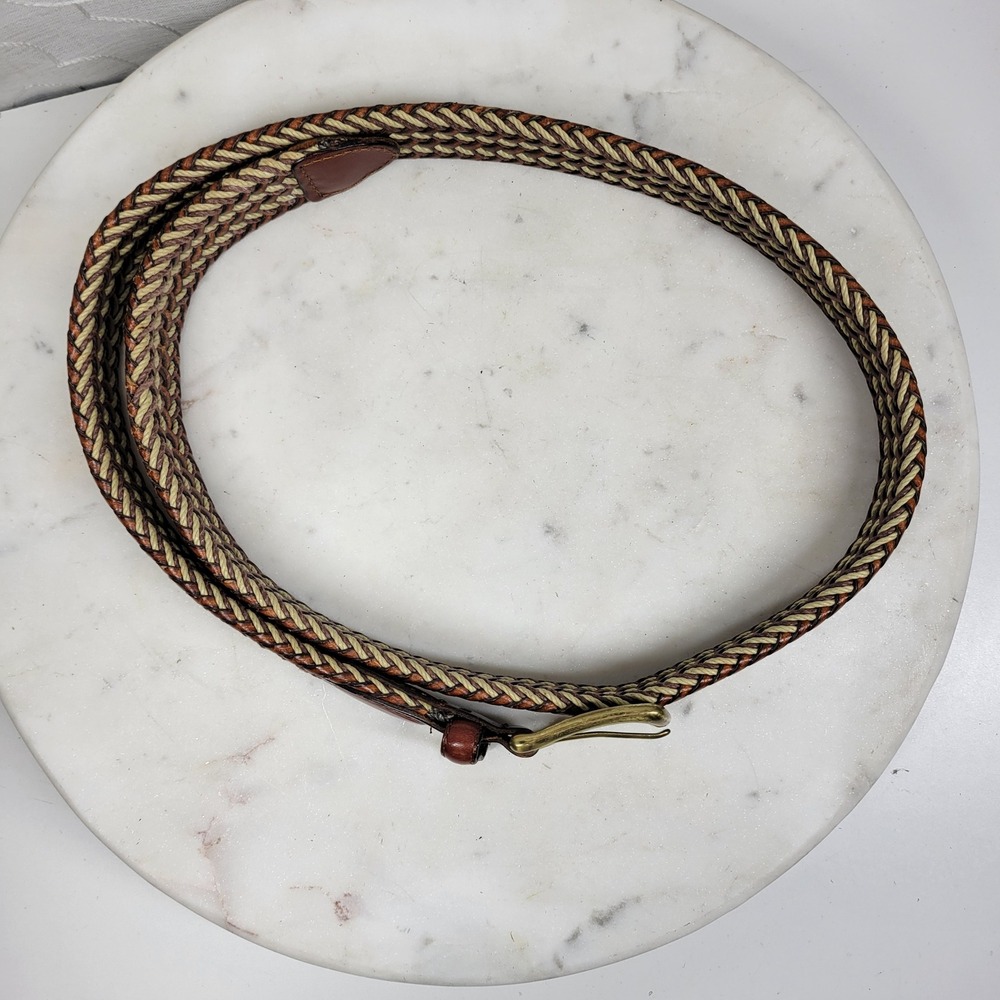 Arden Preppy Braided Leather Belt Size 36 Brown Tan Stretch Woven Brass Buckle - Picture 5 of 13
